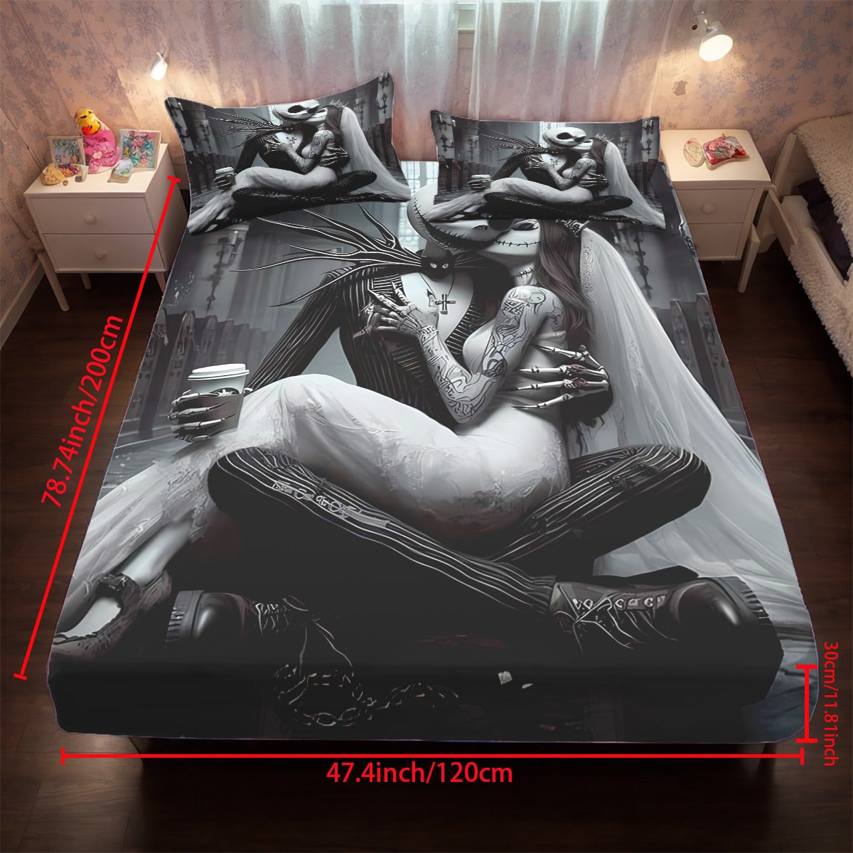 3pcs Disney Jack and Sally themed fitted sheet set for bed bedroom decor design unique art couple love story (1*Fitted Sheet+2*Pillowcase, Without Core), Suitable for Bedding Decoration Mattress Cover Set