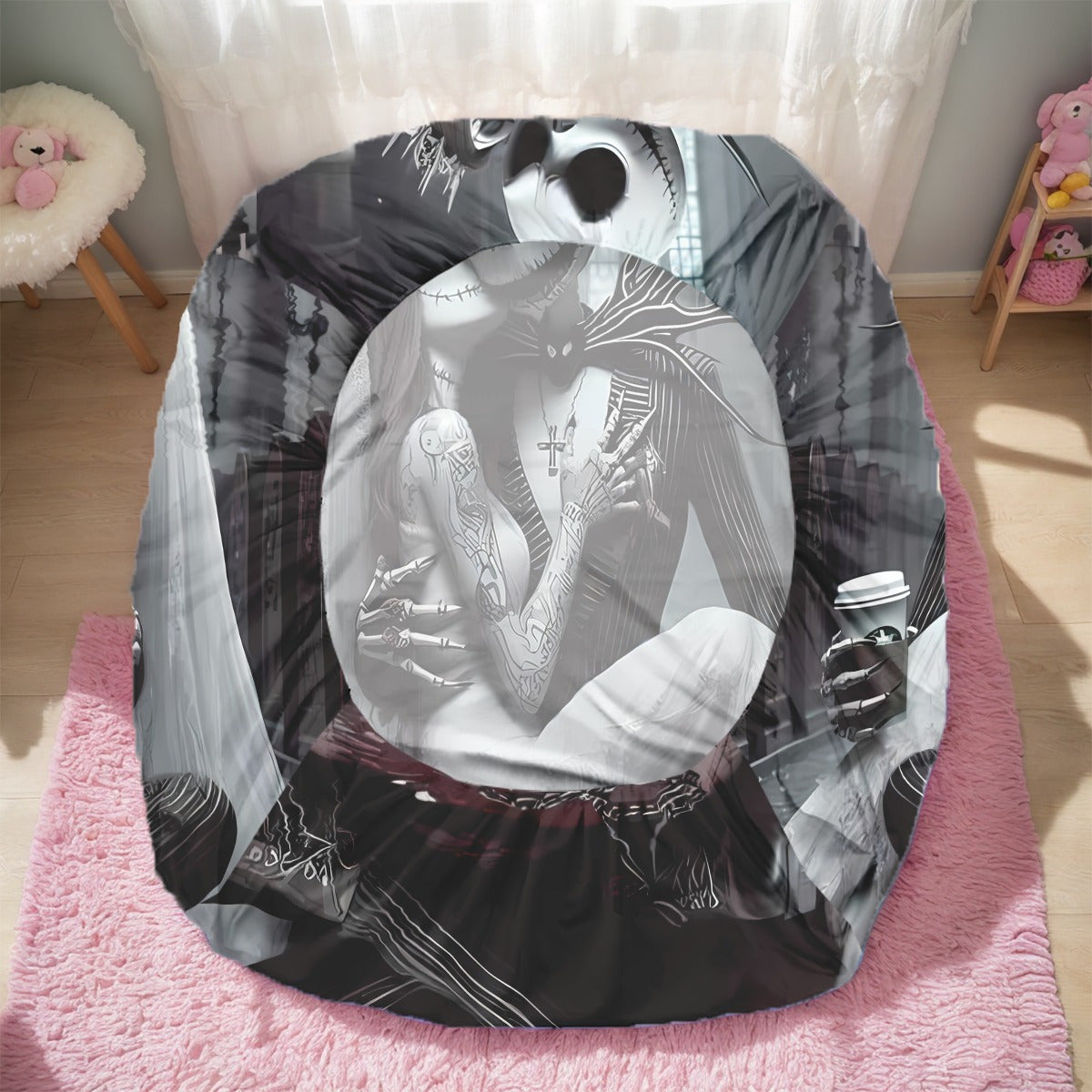 3pcs Disney Jack and Sally themed fitted sheet set for bed bedroom decor design unique art couple love story (1*Fitted Sheet+2*Pillowcase, Without Core), Suitable for Bedding Decoration Mattress Cover Set