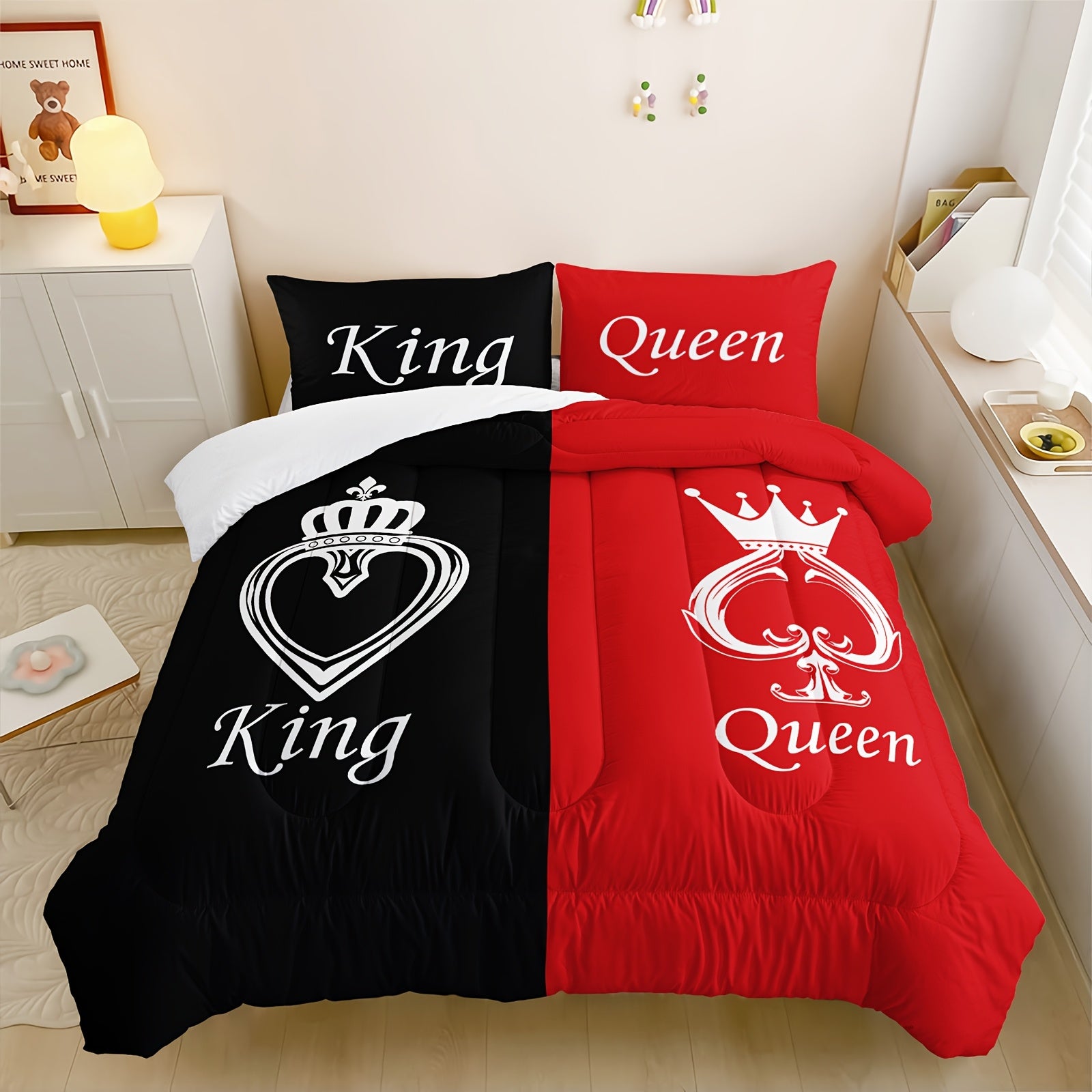 3pcs Crown Comforter Set Queen Size, King And Queen Comforter, Couple Bedding For Women Husband Wife Mr Mrs, Heart Shape Quilt With 2 Pillowcases