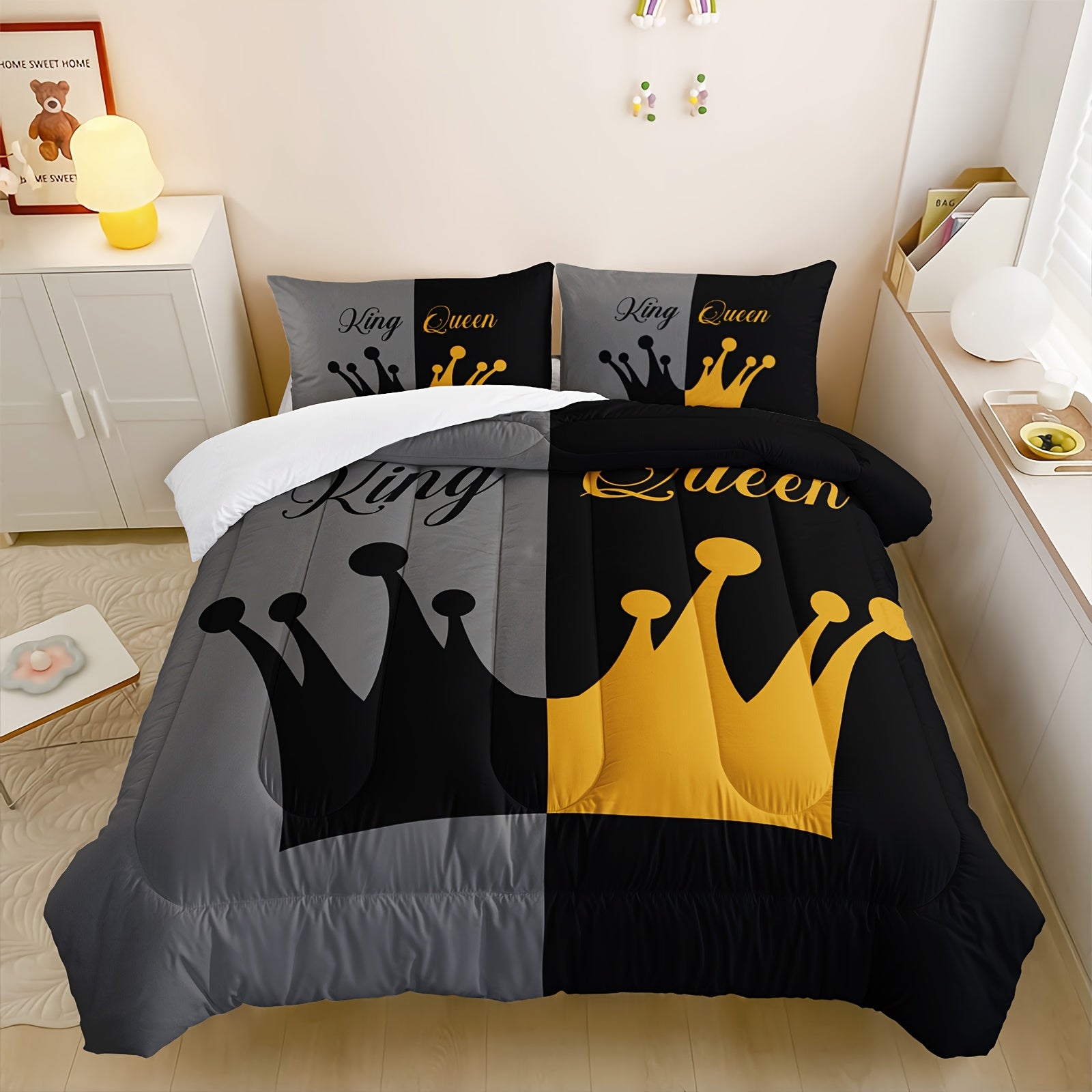 3pcs Crown Comforter Set Queen Size, King And Queen Comforter, Couple Bedding For Women Husband Wife Mr Mrs, Heart Shape Quilt With 2 Pillowcases