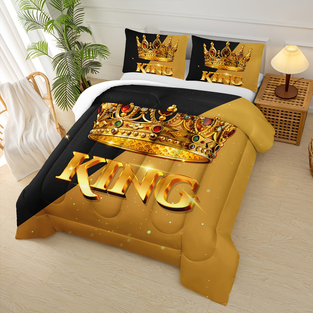 3pcs Crown Queen And King Quilt Set, His And Hers Matching Couple Bedding Set, Lover Mr Mrs Valentine'S Day Theme Black And Yellow Bedding Set, Ruby Crown Print Wedding Room Decor, 1 Comforter+2 Pillowcases (without Pillow Core)