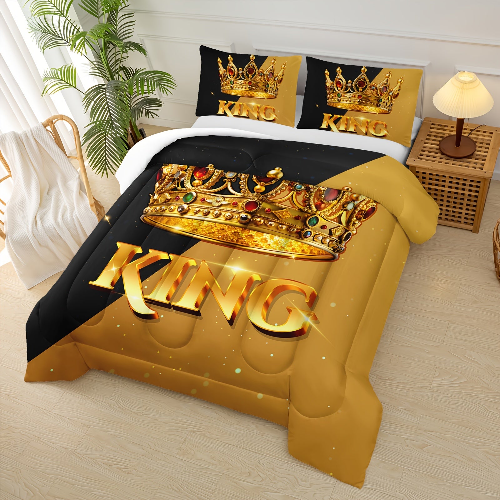 3pcs Crown Queen And King Quilt Set, His And Hers Matching Couple Bedding Set, Lover Mr Mrs Valentine'S Day Theme Black And Yellow Bedding Set, Ruby Crown Print Wedding Room Decor, 1 Comforter+2 Pillowcases (without Pillow Core)