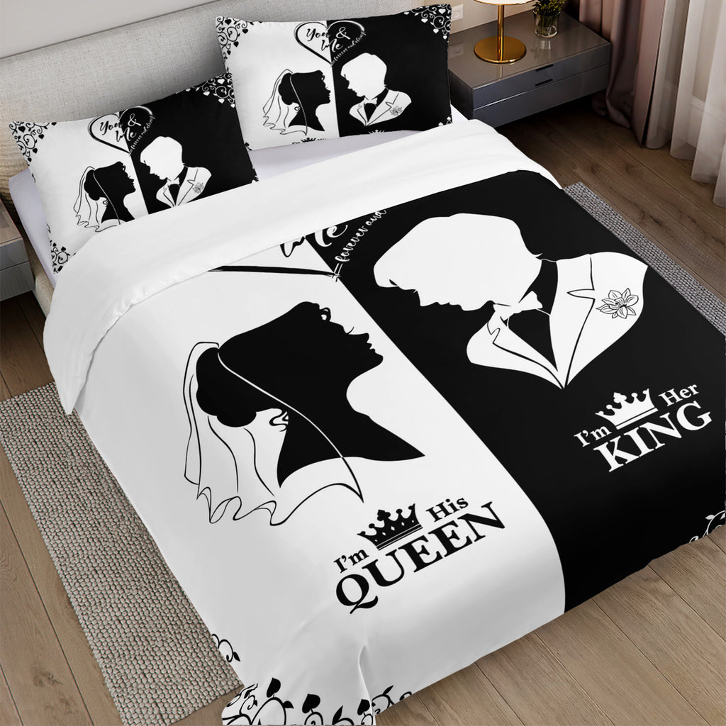 3pcs Black White Couple Silhouette Duvet Cover King Queen Bedding Set Wedding Bedroom Decor Four Seasons (1Duvet Cover + 2Pillowcase NO Comforter)