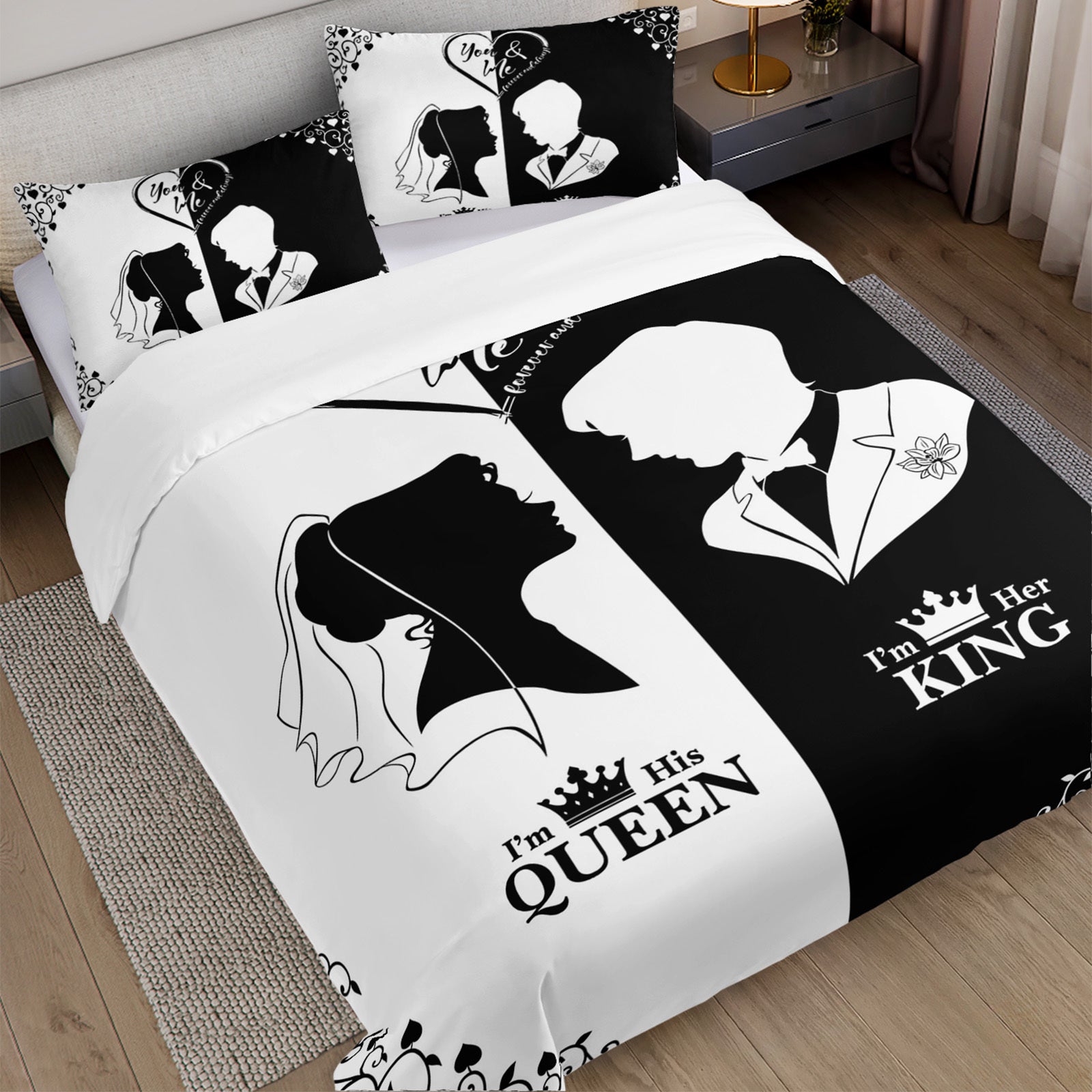 3pcs Black White Couple Silhouette Duvet Cover King Queen Bedding Set Wedding Bedroom Decor Four Seasons (1Duvet Cover + 2Pillowcase NO Comforter)