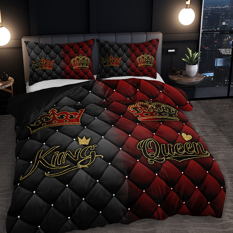 2/3pcs King and Queen Luxury Dark Red Golden Crown Bedding Set, 1 Fitted Sheet + 1/2 Pillowcases (Excluding Pillows), High-Definition Print for All Seasons, Home & Dorm Use