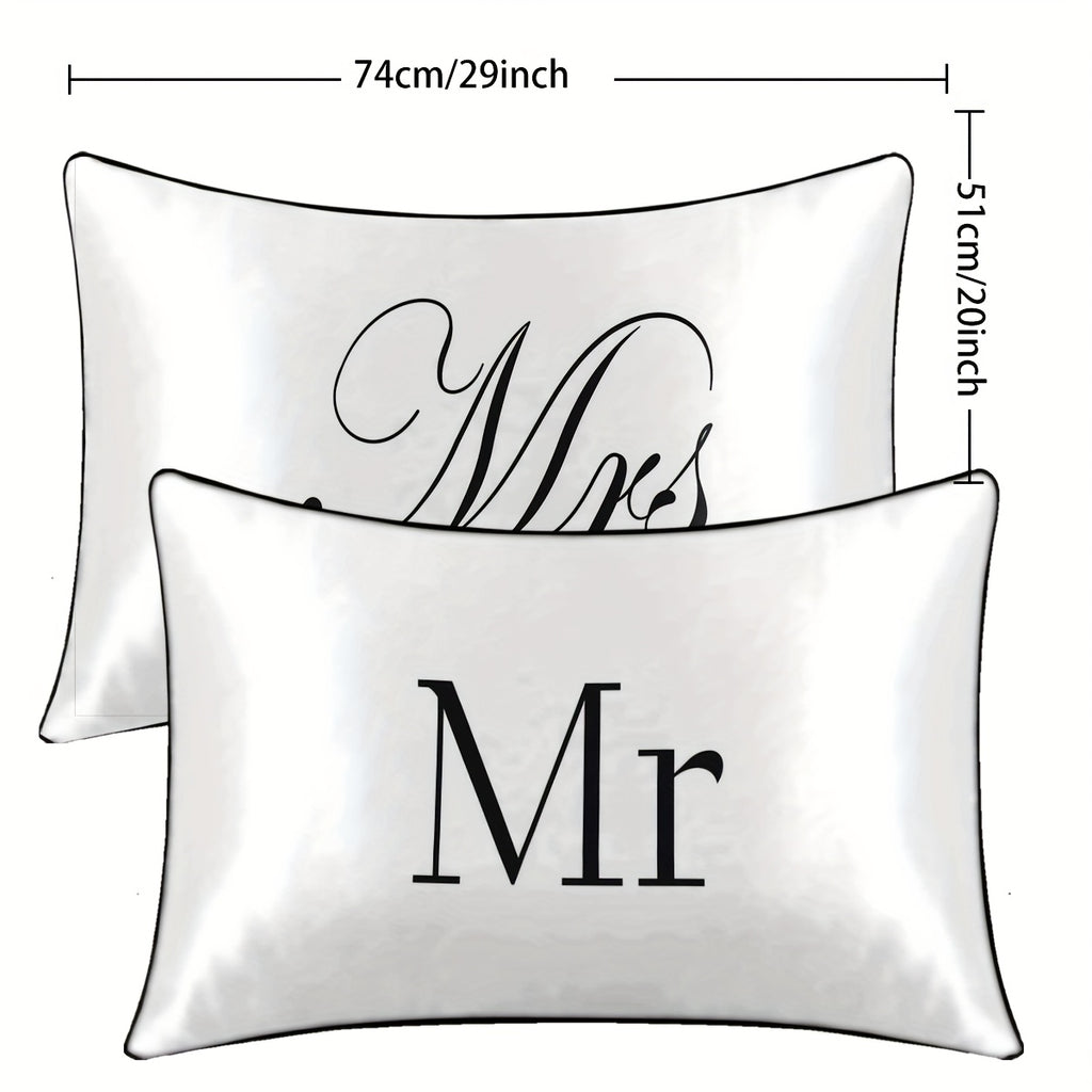 2pcs 100% Polyester Mr. And Mrs. Printed Bedroom Satin Pillowcases