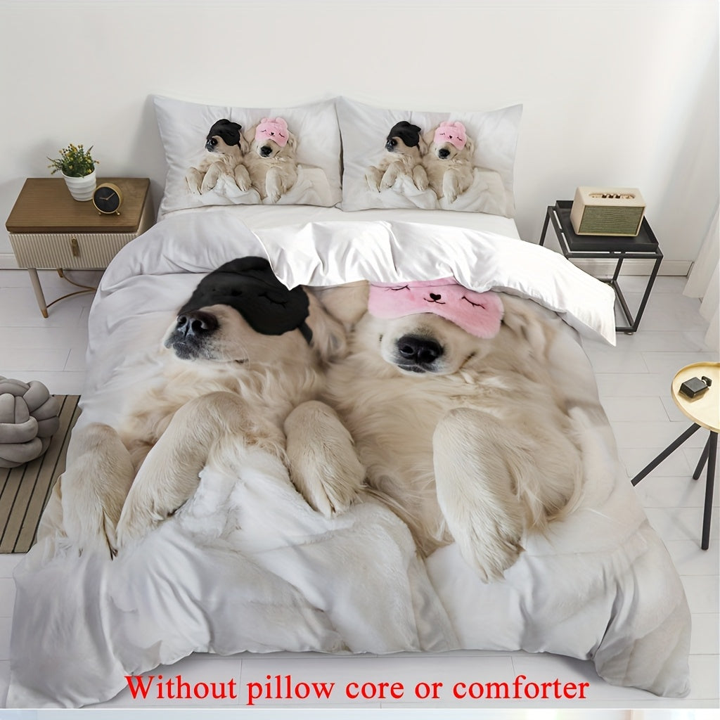 2/3pcs (1 Duvet Cover + 1/2 Pillowcase, Without Core) Couple Valentine's Day Romantic Golden Retriever Two adorable pet dogs lying on a white bed wearing eye masks funny Print Soft Comfortable Bedding Set for Bedroom Dorm Room Family Gift