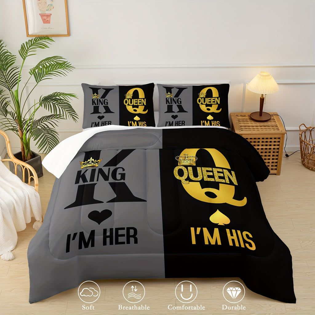 King And Queen Comforter Set Love Bedding Couple's Comforter 3-Piece Set (1 Bed Comforter + 2 Pillowcases), Black And Gold Comforter Set Four Seasons Comforter, Soft, Comfortable And Breathable Printed Bedding For Home Dorm Decoration