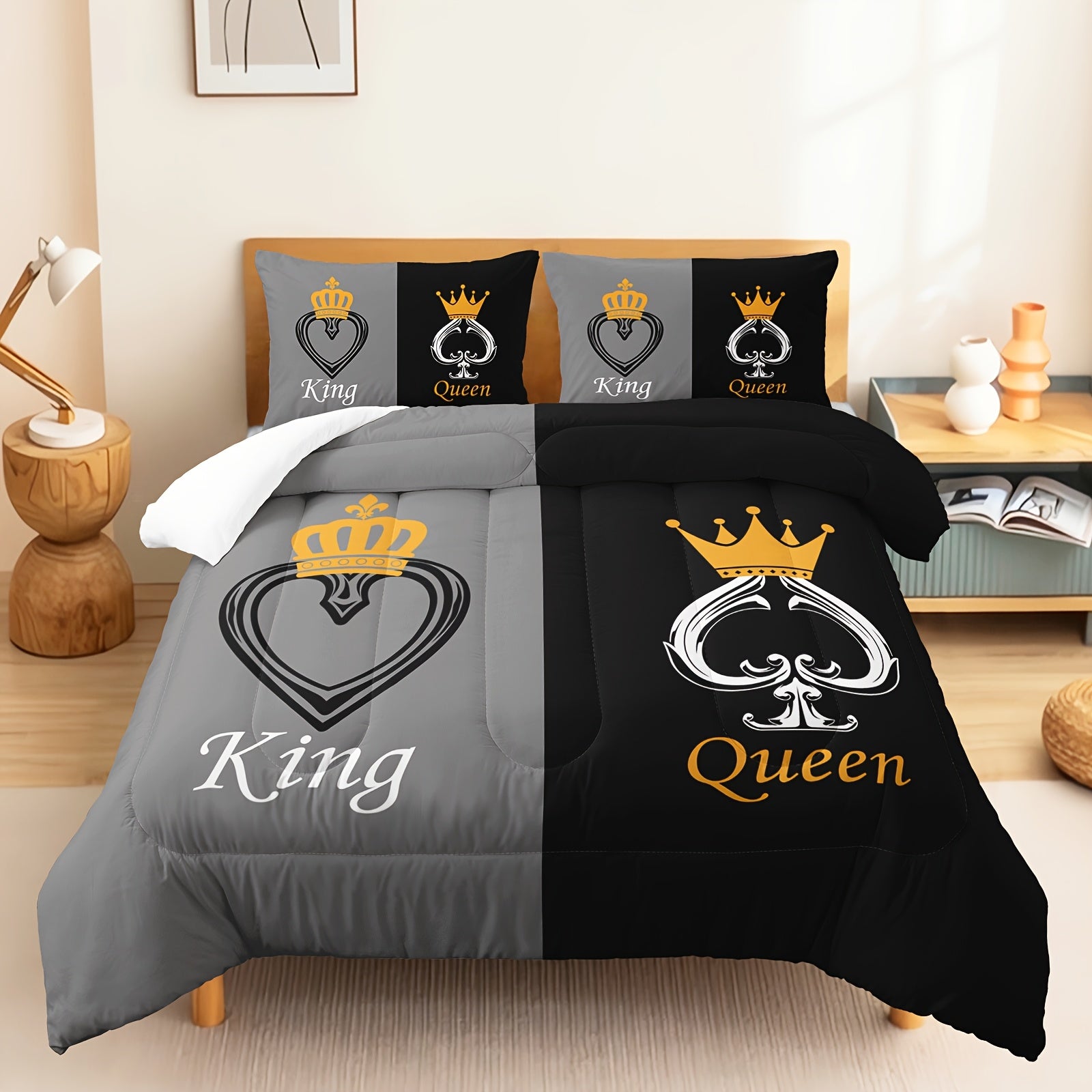 3pcs Crown Comforter Set Queen Size, King And Queen Comforter, Couple Bedding For Women Husband Wife Mr Mrs, Heart Shape Quilt With 2 Pillowcases