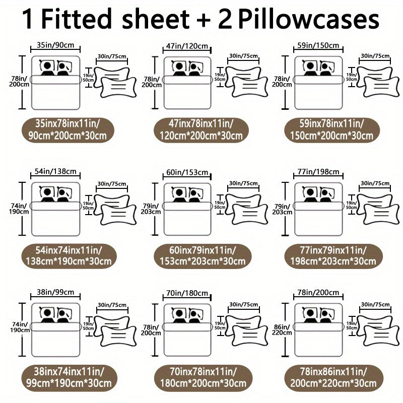 3pcs Couple Cute Cat Pattern Fitted Sheet Set - Soft and Comfortable Bedroom, Guest Room and Dormitory Decorative Bedding Set, Includes 1 Fitted Sheet + 2 Pillowcases
