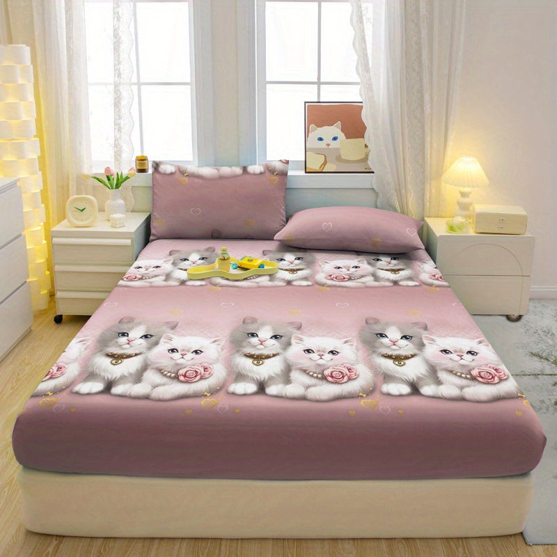 3pcs Couple Cute Cat Pattern Fitted Sheet Set - Soft and Comfortable Bedroom, Guest Room and Dormitory Decorative Bedding Set, Includes 1 Fitted Sheet + 2 Pillowcases