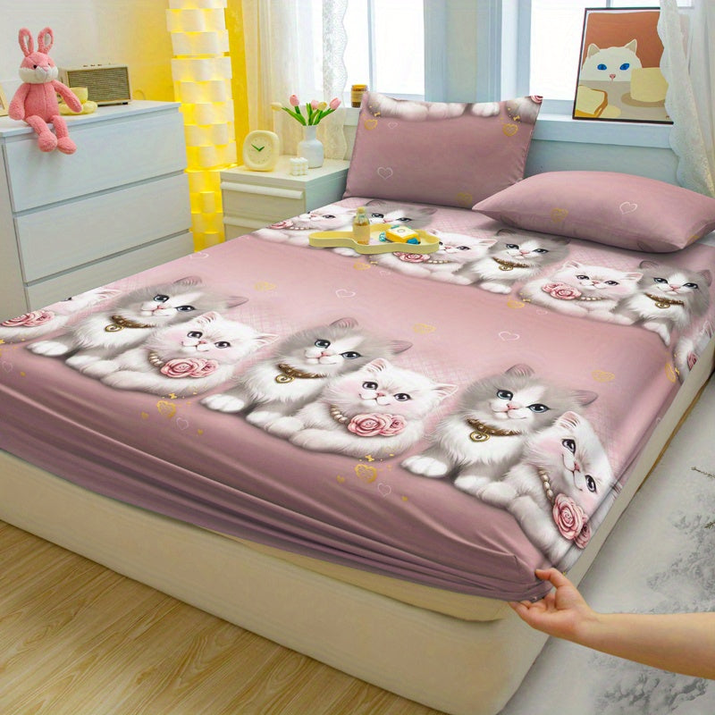 3pcs Couple Cute Cat Pattern Fitted Sheet Set - Soft and Comfortable Bedroom, Guest Room and Dormitory Decorative Bedding Set, Includes 1 Fitted Sheet + 2 Pillowcases