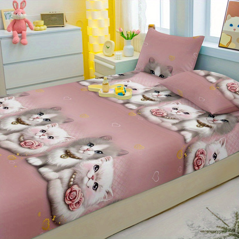 3pcs Couple Cute Cat Pattern Fitted Sheet Set - Soft and Comfortable Bedroom, Guest Room and Dormitory Decorative Bedding Set, Includes 1 Fitted Sheet + 2 Pillowcases