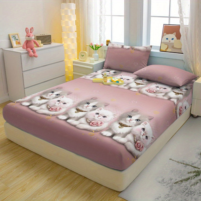 3pcs Couple Cute Cat Pattern Fitted Sheet Set - Soft and Comfortable Bedroom, Guest Room and Dormitory Decorative Bedding Set, Includes 1 Fitted Sheet + 2 Pillowcases