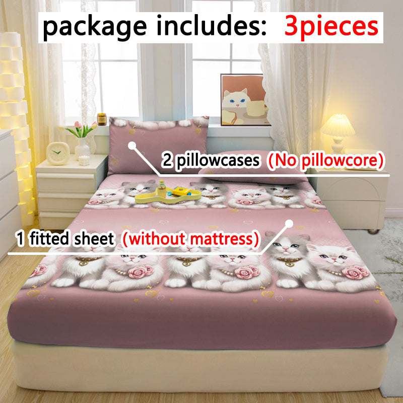 3pcs Couple Cute Cat Pattern Fitted Sheet Set - Soft and Comfortable Bedroom, Guest Room and Dormitory Decorative Bedding Set, Includes 1 Fitted Sheet + 2 Pillowcases