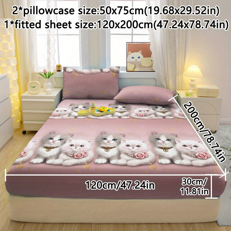 3pcs Couple Cute Cat Pattern Fitted Sheet Set - Soft and Comfortable Bedroom, Guest Room and Dormitory Decorative Bedding Set, Includes 1 Fitted Sheet + 2 Pillowcases