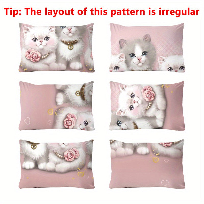 3pcs Couple Cute Cat Pattern Fitted Sheet Set - Soft and Comfortable Bedroom, Guest Room and Dormitory Decorative Bedding Set, Includes 1 Fitted Sheet + 2 Pillowcases