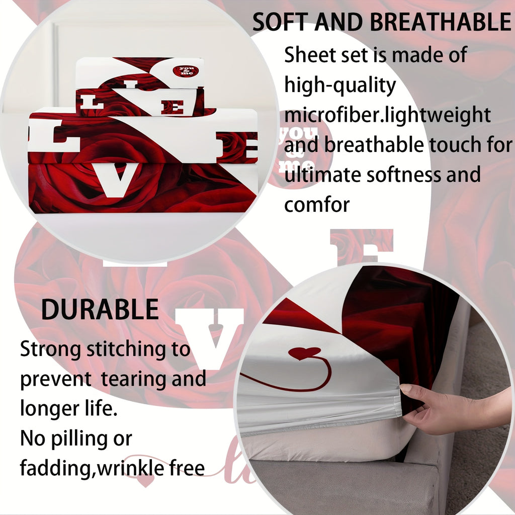 4pcs Red And White Roses Sheet Set, Heart Shaped Valentine'S Day Couples Bedding With Flat Sheet, Duvet Cover And 2 Pillowcases - Breathable, Suitable For All Seasons, Suitable For Bedroom, Guest Room And Hotel
