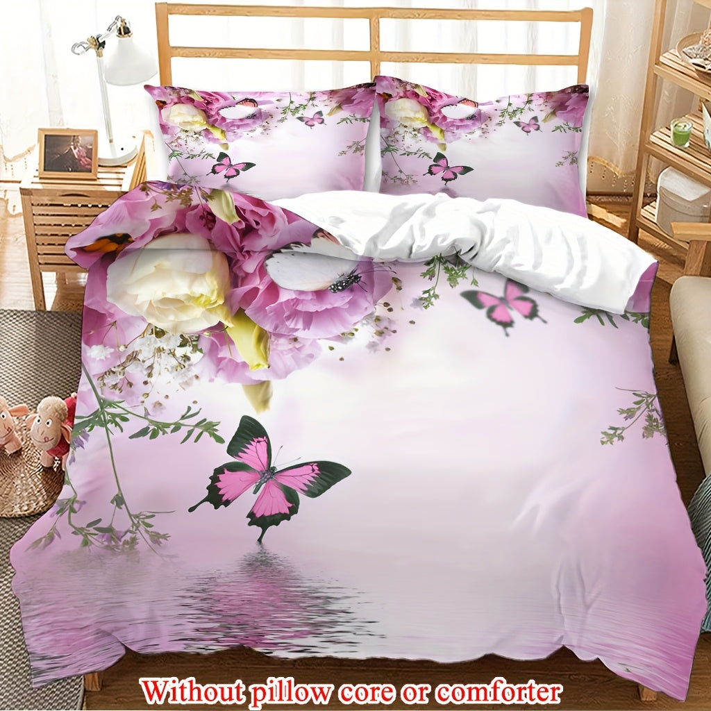 2/3pcs (1 Duvet Cover + 1/2 Pillowcase, Without Core) Pink Rose Flowers Sparkling Butterfly Green Branches and Leaves Ripple Romantic Valentine's Day Wishes for Couples 3D Print Soft Comfortable Bedding Set for Bedroom Dorm Room Family Gift