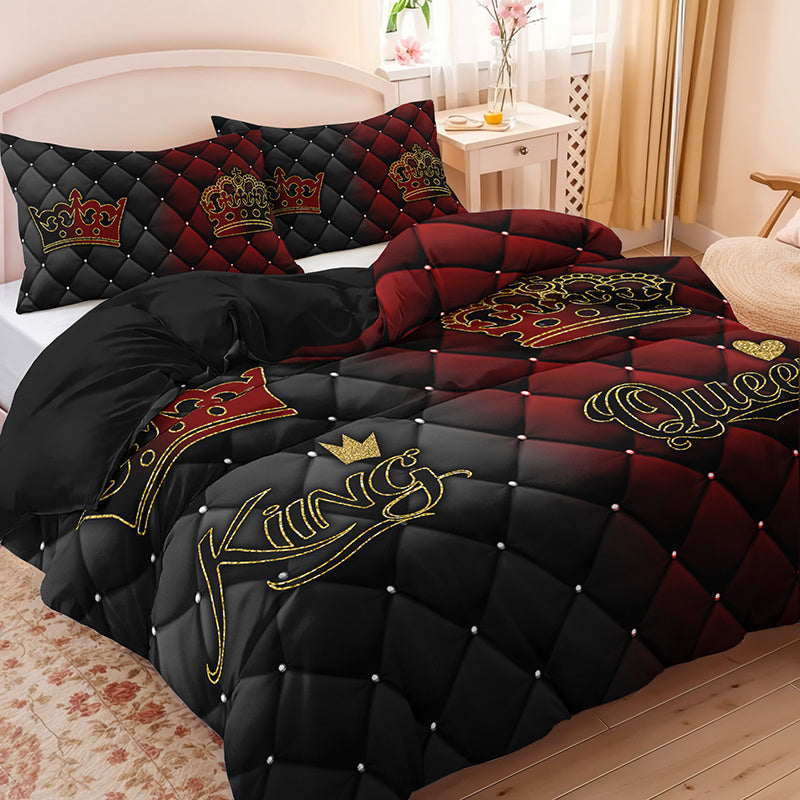 2/3pcs King and Queen Luxury Dark Red Golden Crown Bedding Set, 1 Fitted Sheet + 1/2 Pillowcases (Excluding Pillows), High-Definition Print for All Seasons, Home & Dorm Use