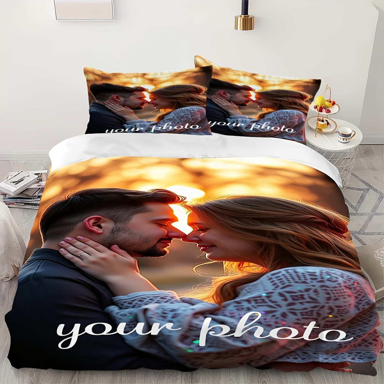 3pcs Personalized Photo Bedding Set - Customizable Couple Image on Polyester Duvet Cover with Zipper Closure & Pillowcases (1 Duvet Cover + 2 Pillowcases), Machine Washable - Ideal for Bedroom and Camping, All-Season Use, Duvet Customization|Custom Image