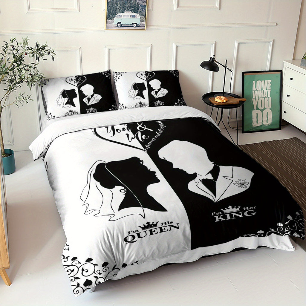 3pcs Black White Couple Silhouette Duvet Cover King Queen Bedding Set Wedding Bedroom Decor Four Seasons (1Duvet Cover + 2Pillowcase NO Comforter)