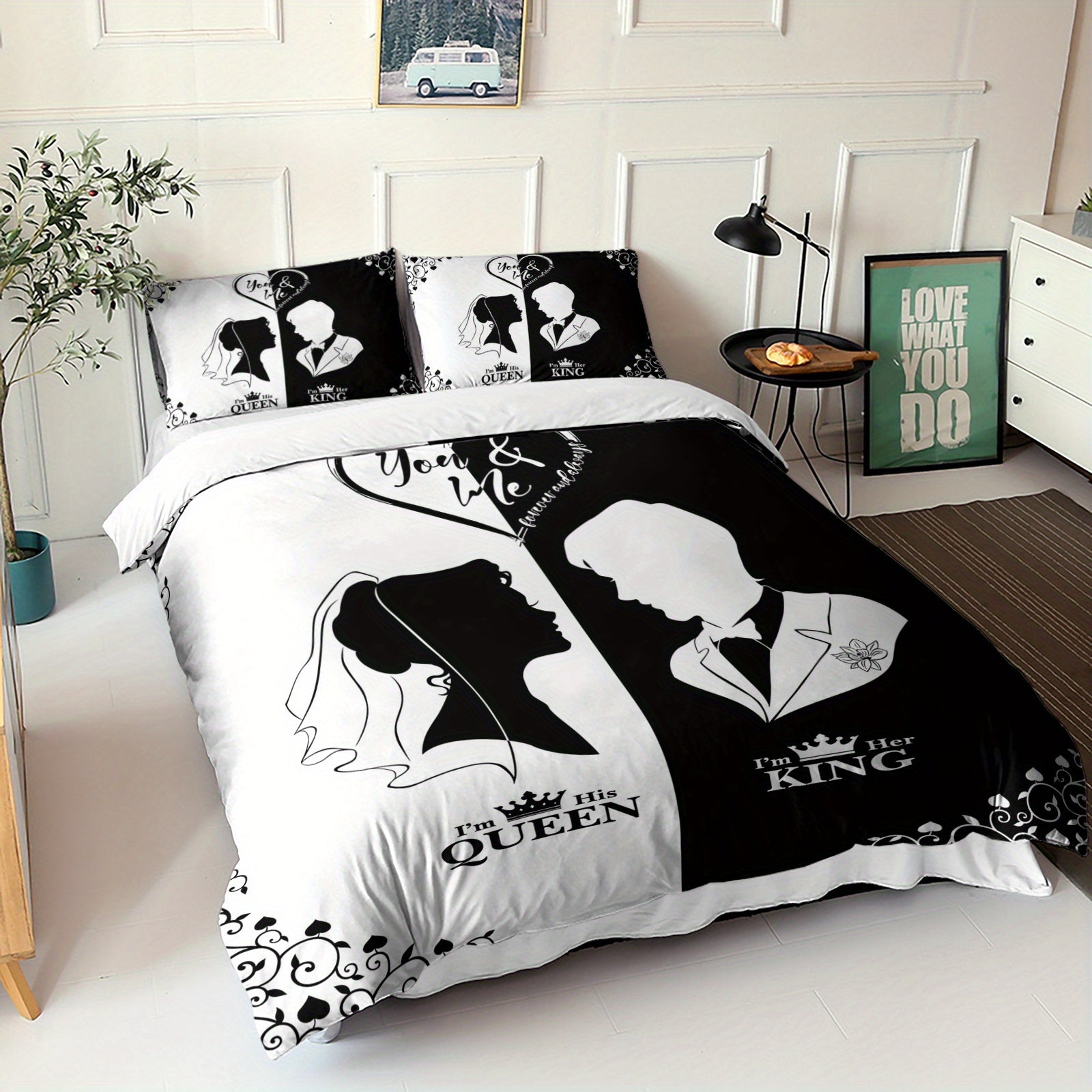 3pcs Black White Couple Silhouette Duvet Cover King Queen Bedding Set Wedding Bedroom Decor Four Seasons (1Duvet Cover + 2Pillowcase NO Comforter)