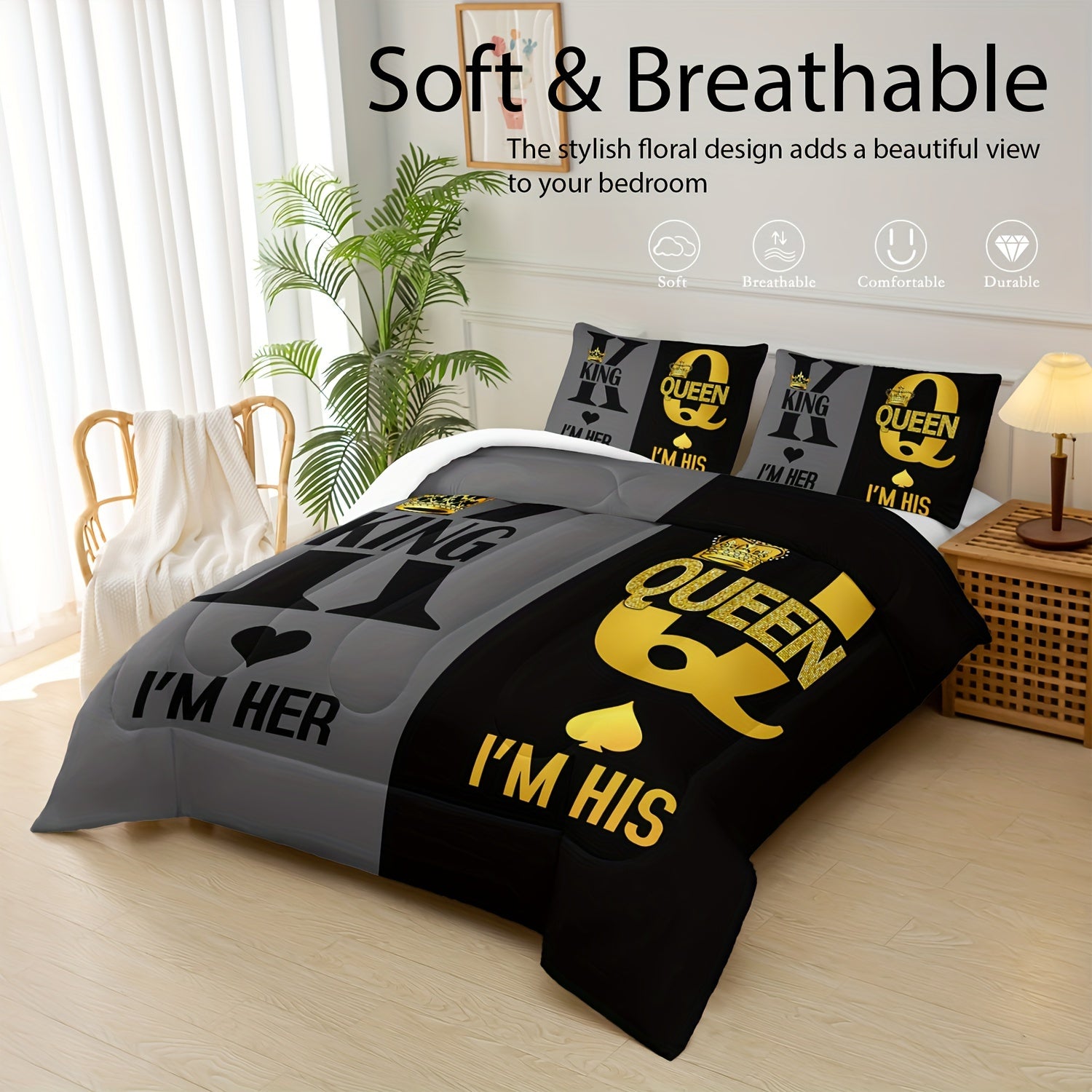 King And Queen Comforter Set Love Bedding Couple's Comforter 3-Piece Set (1 Bed Comforter + 2 Pillowcases), Black And Gold Comforter Set Four Seasons Comforter, Soft, Comfortable And Breathable Printed Bedding For Home Dorm Decoration