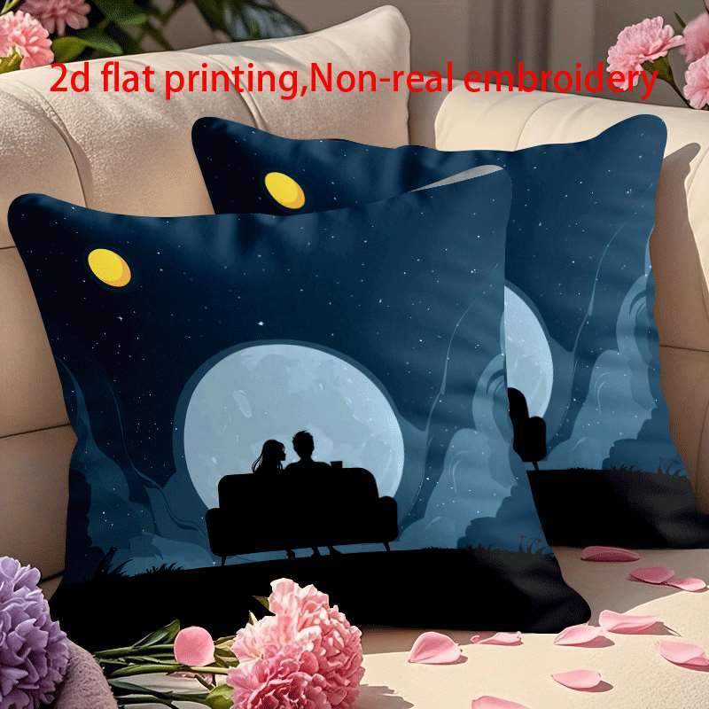 2pcs, Couple Moonlight Pillowcase, Double-Sided Print, 2D Printed Pillowcase, Soft Short Plush, Multiple Sizes, Machine Washable for Outdoor/Indoor Decoration, Bedroom, Living Room, Sofa and Bed Decor, Suitable for Daily Use/V-Day/Mother'S