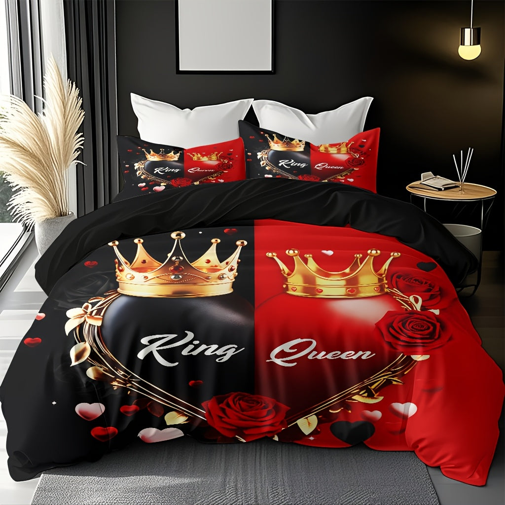 3pcs Comfortable King And Queen Theme Bedding Set, Soft High-Definition Digital Print, Cozy Romantic Black And Red Color, Perfect Gift, All-Season Use! Machine Washable (1 Duvet Cover + 2 Pillowcases, No Filling)