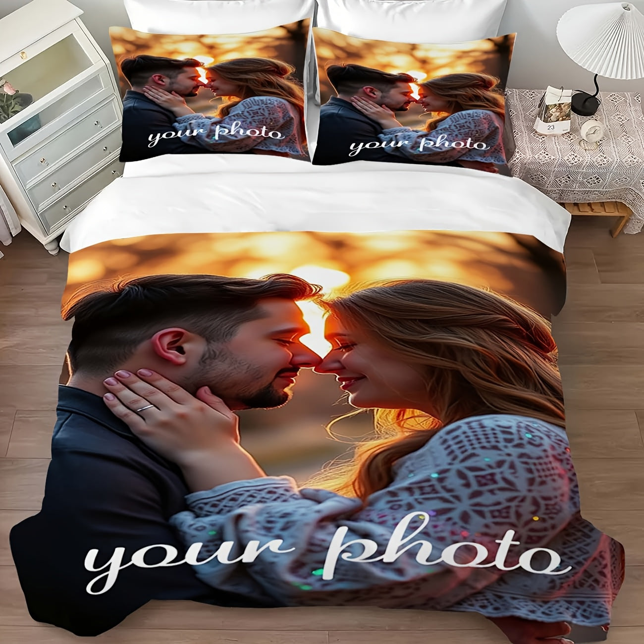 3pcs Personalized Photo Bedding Set - Customizable Couple Image on Polyester Duvet Cover with Zipper Closure & Pillowcases (1 Duvet Cover + 2 Pillowcases), Machine Washable - Ideal for Bedroom and Camping, All-Season Use, Duvet Customization|Custom Image
