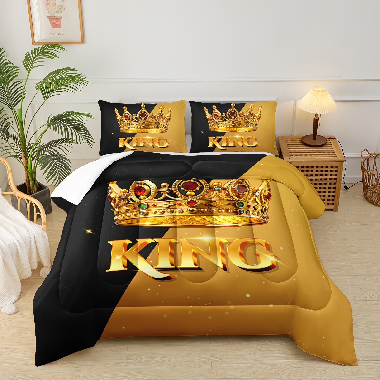 3pcs Crown Queen And King Quilt Set, His And Hers Matching Couple Bedding Set, Lover Mr Mrs Valentine'S Day Theme Black And Yellow Bedding Set, Ruby Crown Print Wedding Room Decor, 1 Comforter+2 Pillowcases (without Pillow Core)