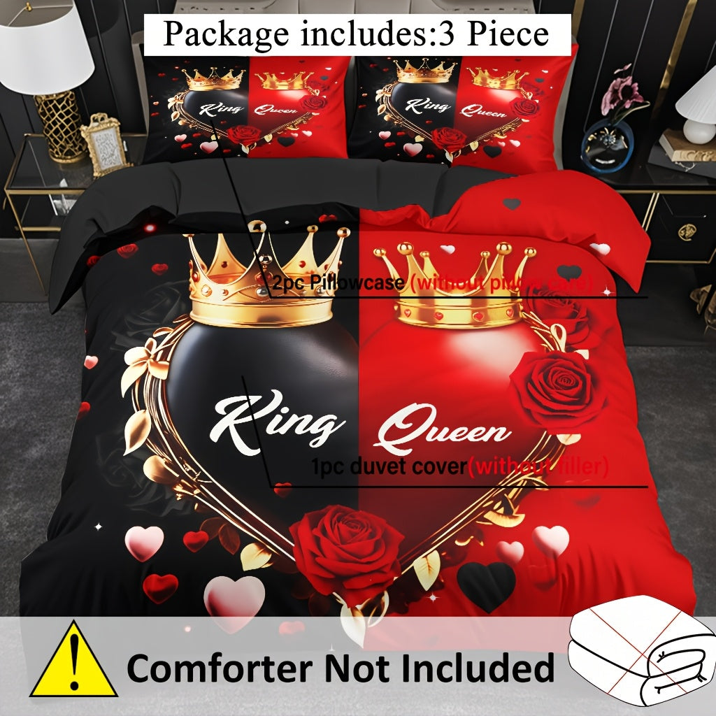 3pcs Comfortable King And Queen Theme Bedding Set, Soft High-Definition Digital Print, Cozy Romantic Black And Red Color, Perfect Gift, All-Season Use! Machine Washable (1 Duvet Cover + 2 Pillowcases, No Filling)