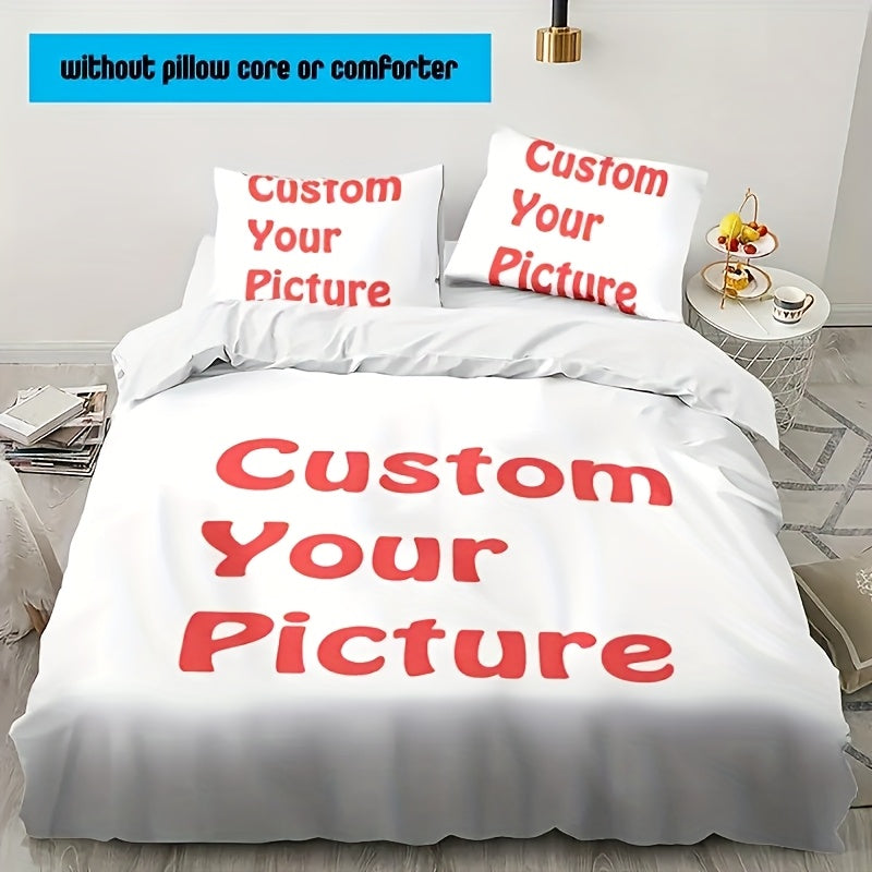 Custom 3pcs Bedding Set with Personalized Photo, Includes 1 Duvet Cover and 2 Pillowcases, Soft Breathable Polyester Down Comforter Cover and Pillowcase, Zipper Closure, Machine Washable, Suitable for Bedroom or Guest Room All-Season Comfort