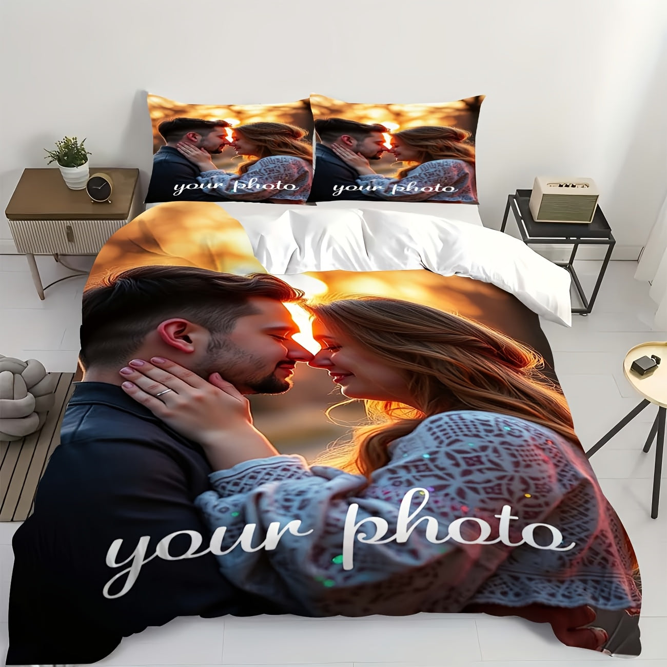 3pcs Personalized Photo Bedding Set - Customizable Couple Image on Polyester Duvet Cover with Zipper Closure & Pillowcases (1 Duvet Cover + 2 Pillowcases), Machine Washable - Ideal for Bedroom and Camping, All-Season Use, Duvet Customization|Custom Image
