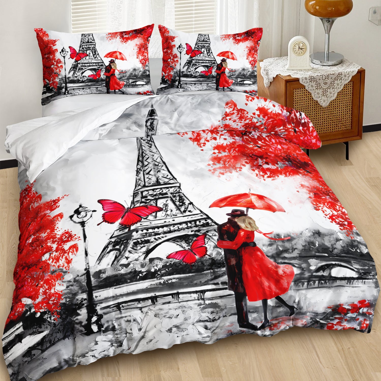 3pcs Paris Eiffel Tower Romantic Couple 3D Digital Printed Duvet Cover SetParisian Love Bedding Set for Four SeasonRed & Black Bedding for Bedroom or Guest Room DecorPolyester Comforter Cover Gift 1 Quilt Cover+2 Pillowcases