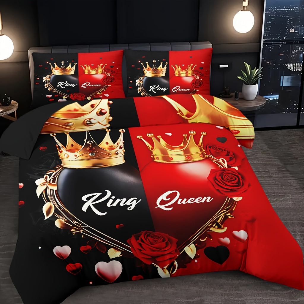 3pcs Comfortable King And Queen Theme Bedding Set, Soft High-Definition Digital Print, Cozy Romantic Black And Red Color, Perfect Gift, All-Season Use! Machine Washable (1 Duvet Cover + 2 Pillowcases, No Filling)