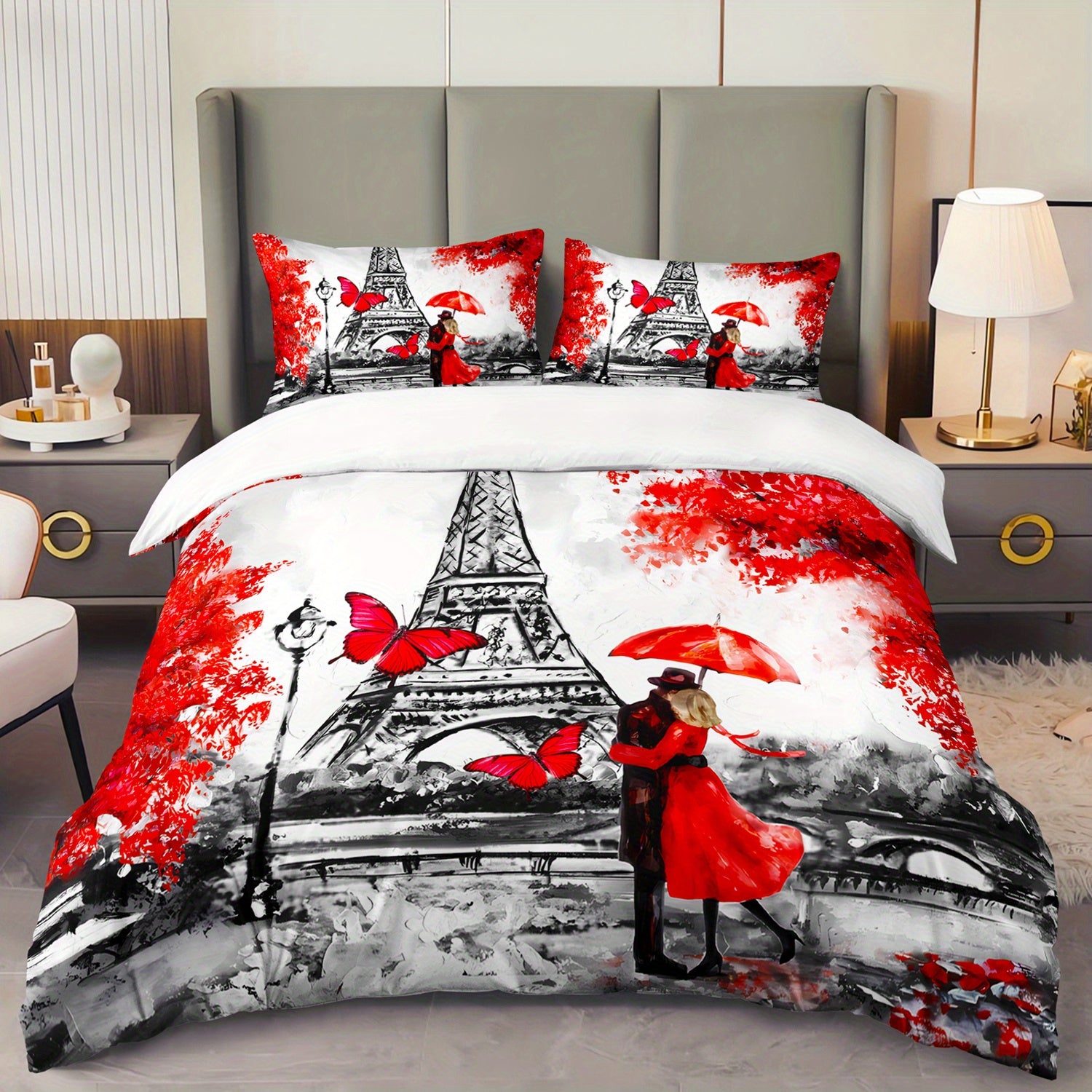 3pcs Paris Eiffel Tower Romantic Couple 3D Digital Printed Duvet Cover SetParisian Love Bedding Set for Four SeasonRed & Black Bedding for Bedroom or Guest Room DecorPolyester Comforter Cover Gift 1 Quilt Cover+2 Pillowcases
