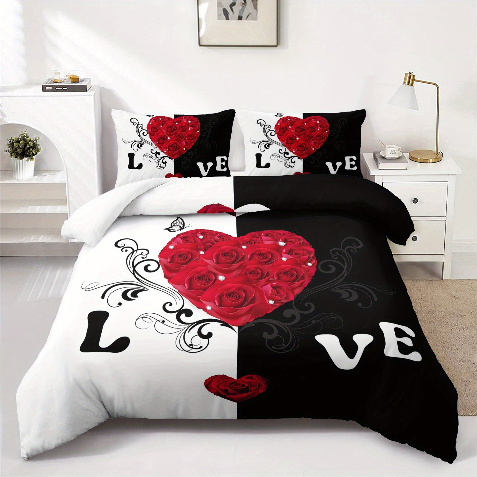 3pcs Red Roses Duvet Cover Romantic Love Bedding Set Couple Bed Set Valentine'S Day Bedroom Decor Four Seasons (1Duvet Cover + 2Pillowcase NO Comforter)