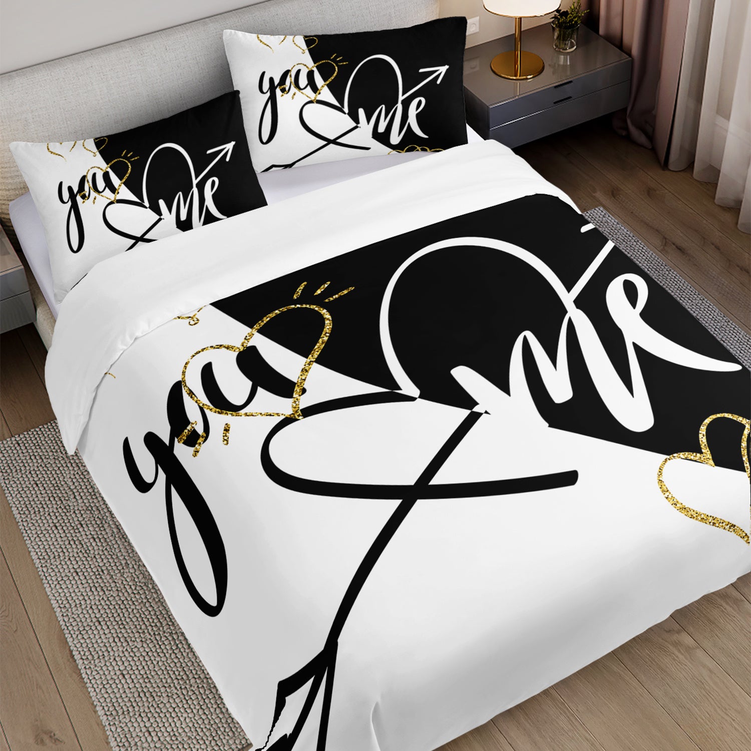 3pcs You&Me Duvet Cover Set Romantic Couples Bedding Set Black White Bedroom Decor Four Seasons (1Duvet Cover + 2Pillowcases NO Comforter)