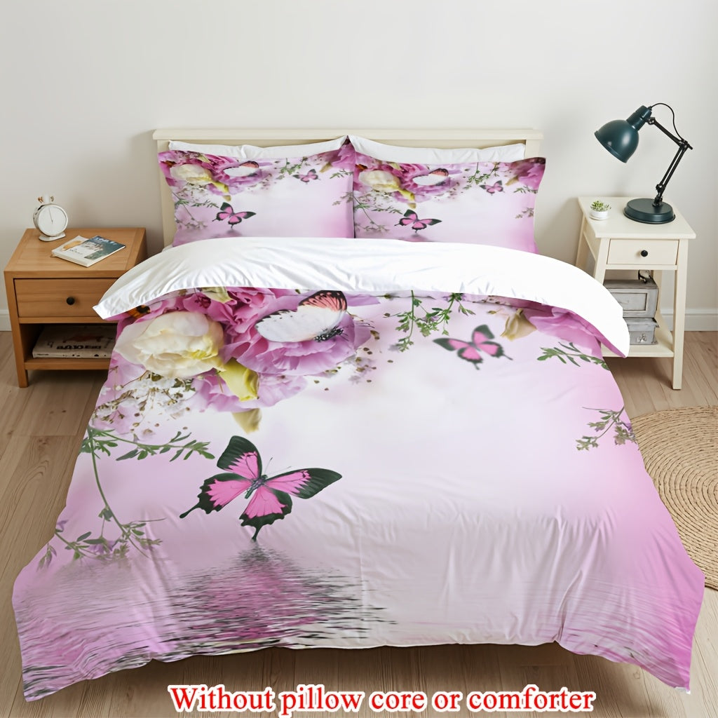 2/3pcs (1 Duvet Cover + 1/2 Pillowcase, Without Core) Pink Rose Flowers Sparkling Butterfly Green Branches and Leaves Ripple Romantic Valentine's Day Wishes for Couples 3D Print Soft Comfortable Bedding Set for Bedroom Dorm Room Family Gift