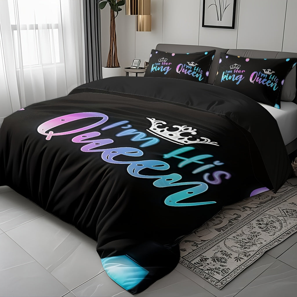 3pcs Couple Duvet Cover Set, Soft High-Definition Digital Print, Black With Colorful Text, Breathable Polyester, Perfect Gift For All Seasons, Machine Washable (1 Duvet Cover + 2 Pillowcases, No Insert)