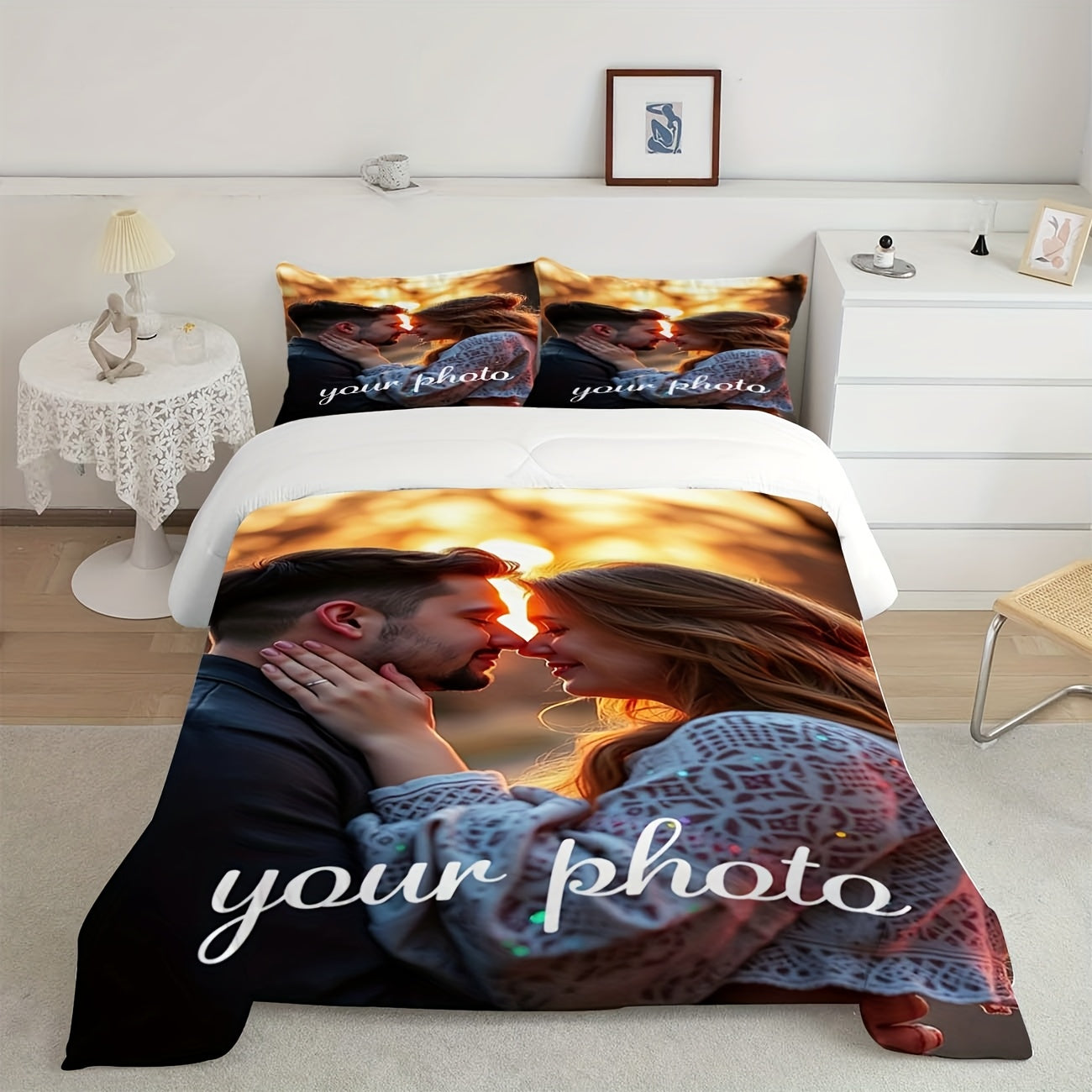 3pcs Personalized Photo Bedding Set - Customizable Couple Image on Polyester Duvet Cover with Zipper Closure & Pillowcases (1 Duvet Cover + 2 Pillowcases), Machine Washable - Ideal for Bedroom and Camping, All-Season Use, Duvet Customization|Custom Image