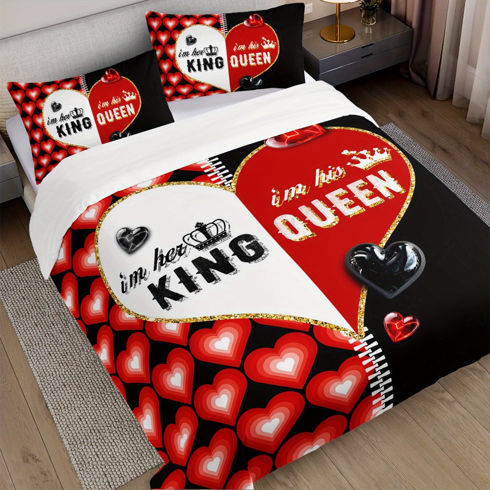 3pcs Red Heart King Queen Duvet Cover Couples Bedding Set Romantic Bedroom Decor Four Seasons (1Duvet Cover + 2Pillowcases NO Comforter)