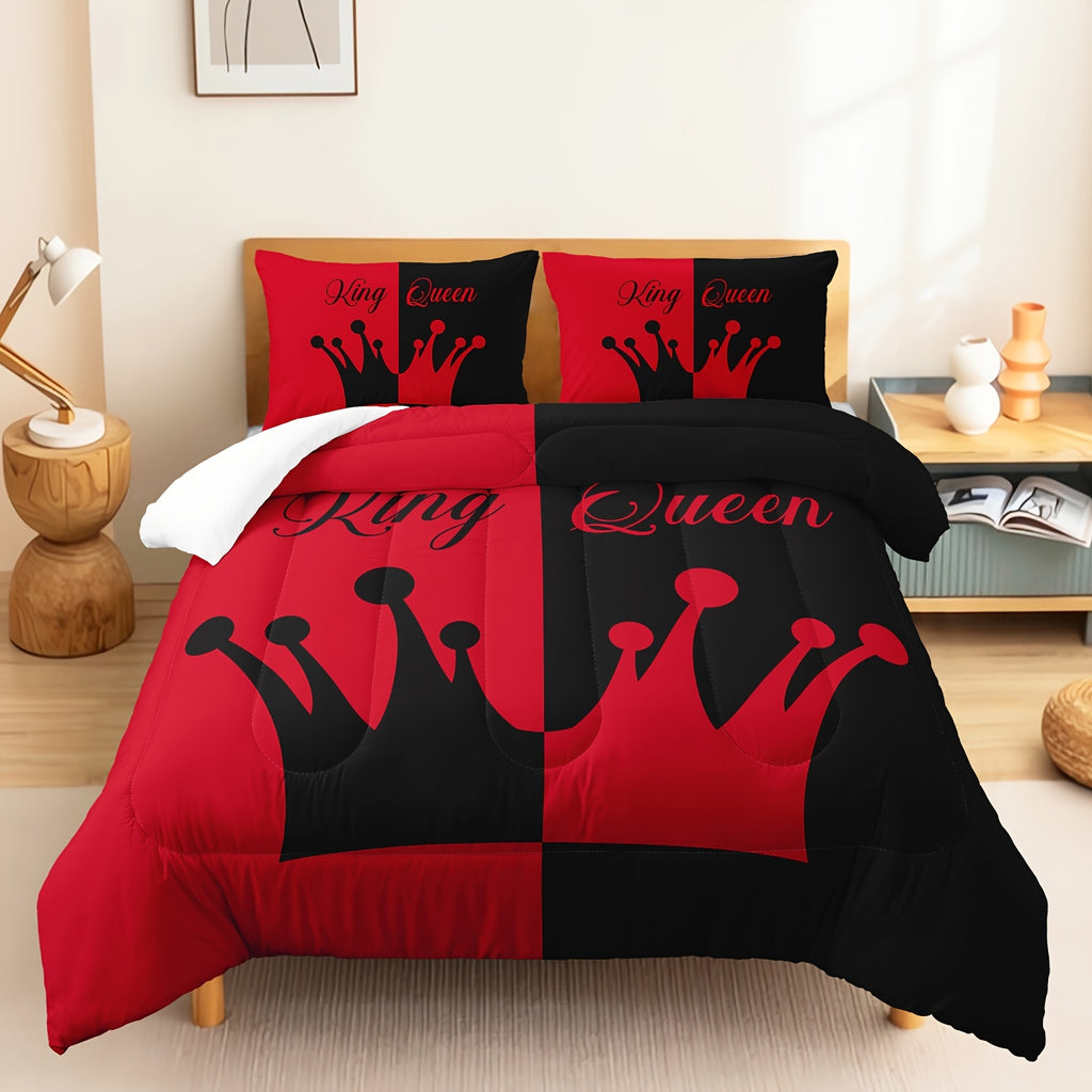 3pcs Crown Comforter Set Queen Size, King And Queen Comforter, Couple Bedding For Women Husband Wife Mr Mrs, Heart Shape Quilt With 2 Pillowcases