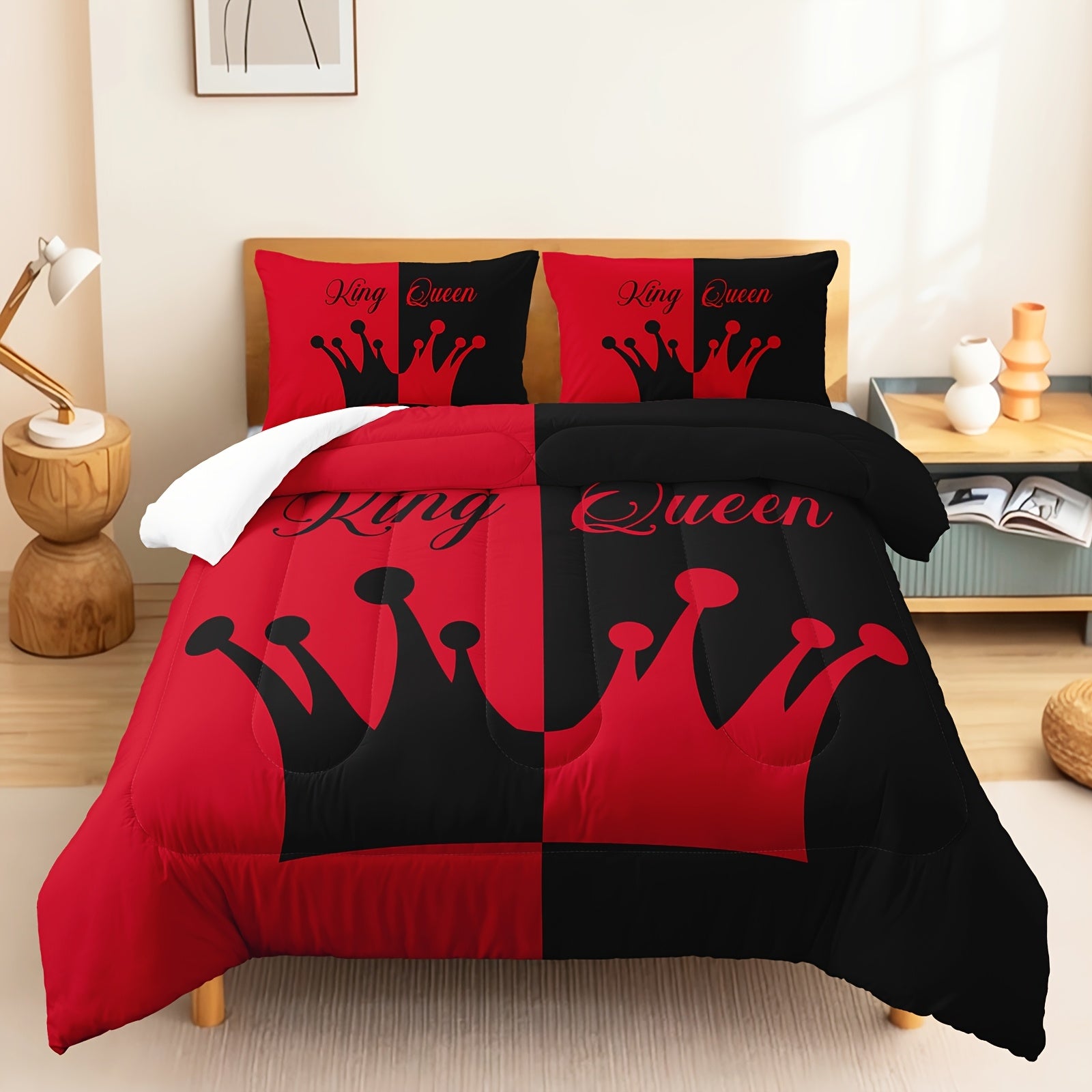 3pcs Crown Comforter Set Queen Size, King And Queen Comforter, Couple Bedding For Women Husband Wife Mr Mrs, Heart Shape Quilt With 2 Pillowcases