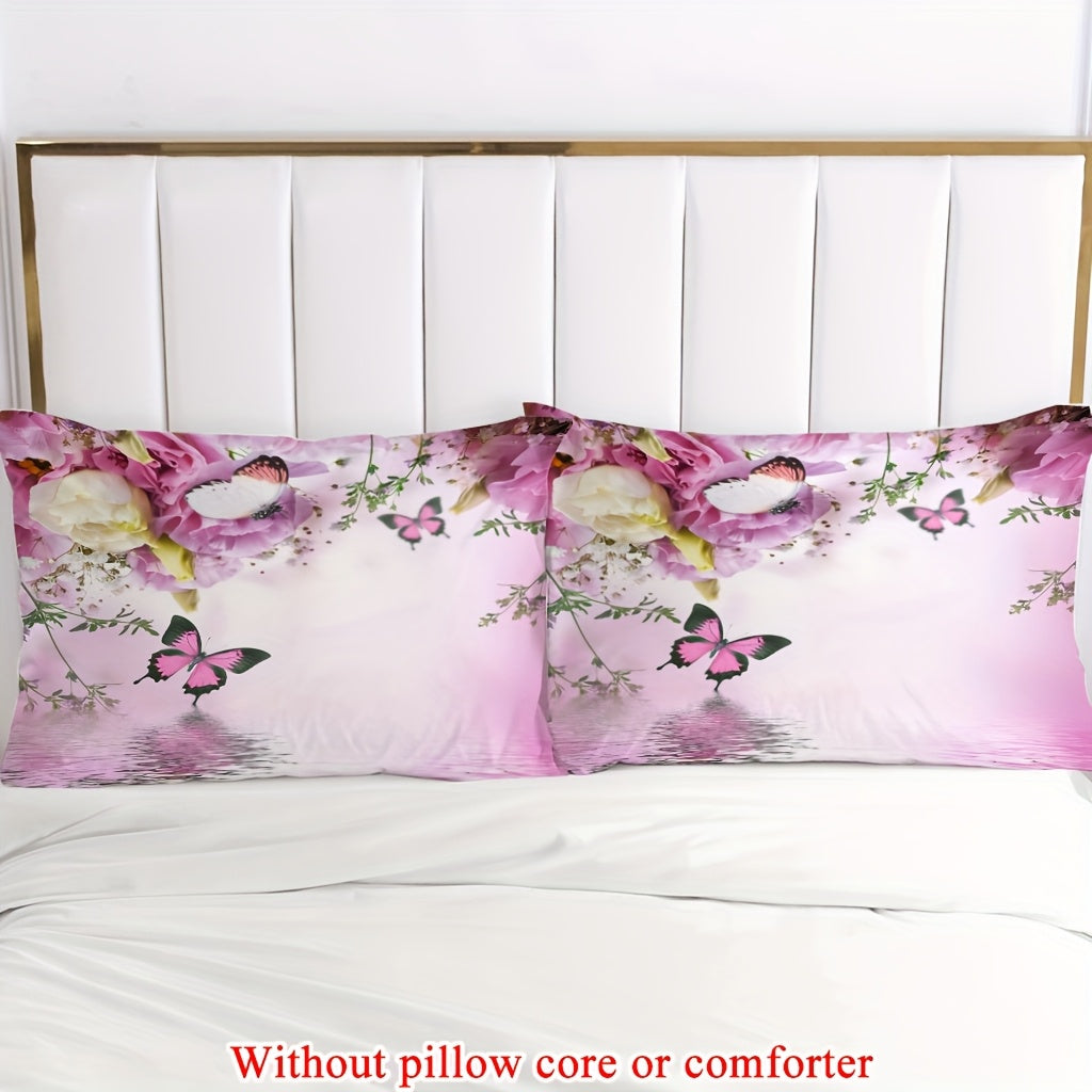 2/3pcs (1 Duvet Cover + 1/2 Pillowcase, Without Core) Pink Rose Flowers Sparkling Butterfly Green Branches and Leaves Ripple Romantic Valentine's Day Wishes for Couples 3D Print Soft Comfortable Bedding Set for Bedroom Dorm Room Family Gift