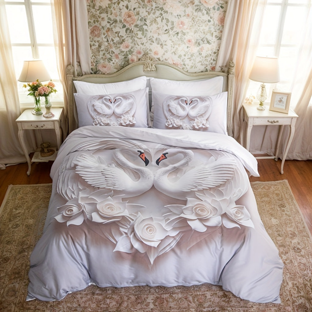 3pcs White Rose Quilt Set, 3D White Swan Lovers Love Bedding Set, Romantic Rose Print Lovers Bedding, 1 Quilt Cover And 2 Pillowcases, Romantic Love Cool And Comfortable Machine Washable