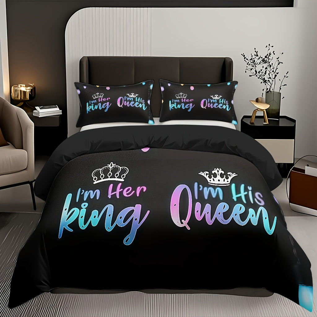 3pcs Couple Duvet Cover Set, Soft High-Definition Digital Print, Black With Colorful Text, Breathable Polyester, Perfect Gift For All Seasons, Machine Washable (1 Duvet Cover + 2 Pillowcases, No Insert)