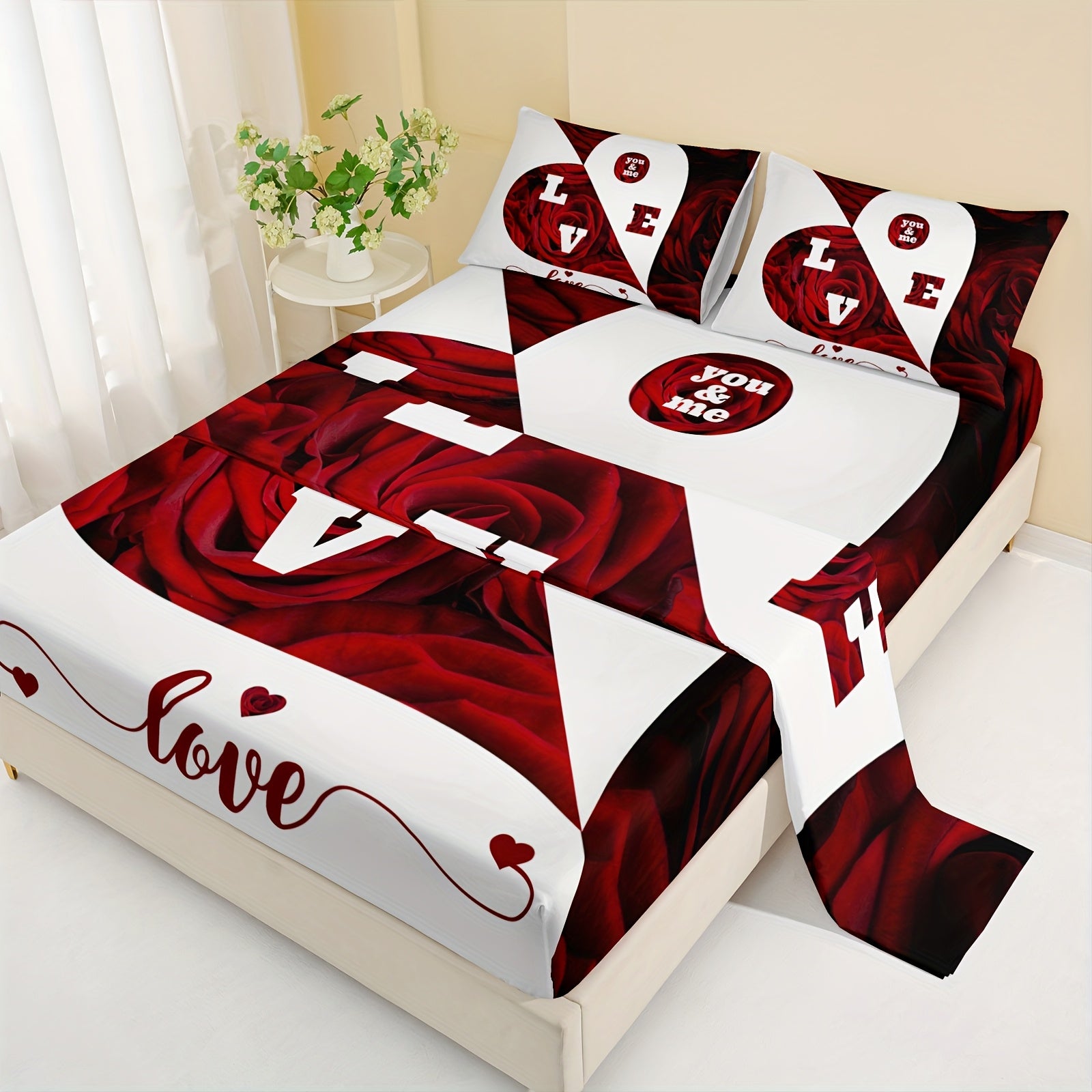 4pcs Red And White Roses Sheet Set, Heart Shaped Valentine'S Day Couples Bedding With Flat Sheet, Duvet Cover And 2 Pillowcases - Breathable, Suitable For All Seasons, Suitable For Bedroom, Guest Room And Hotel